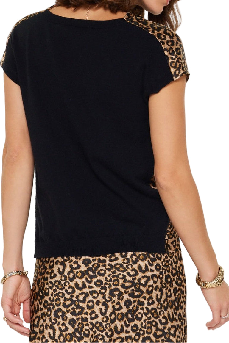 Cece Cowl Neck Woven Knit Combo Top and Silk Midi Skirt Set in Leopard