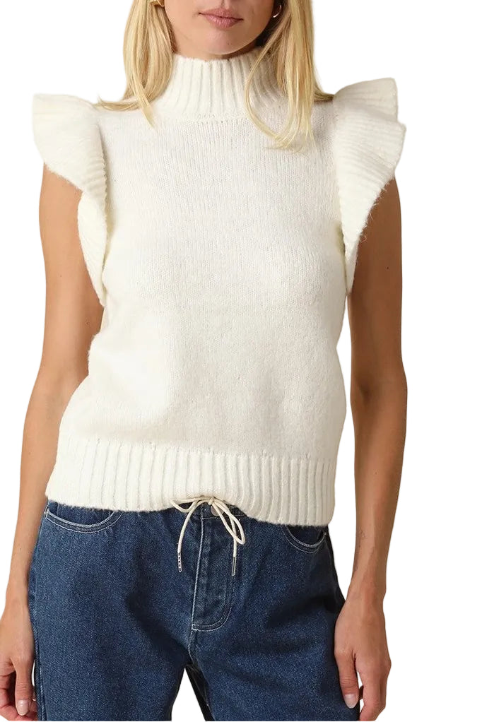 Elizabeth Ruffle Short Sleeve Sweater In Cream