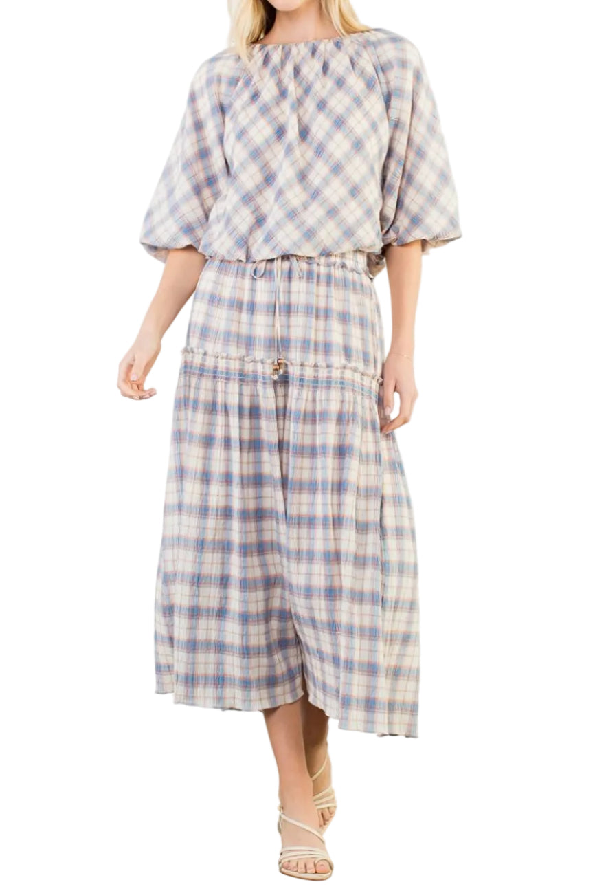 Riley Short Sleeve Plaid Top and Midi Skirt
